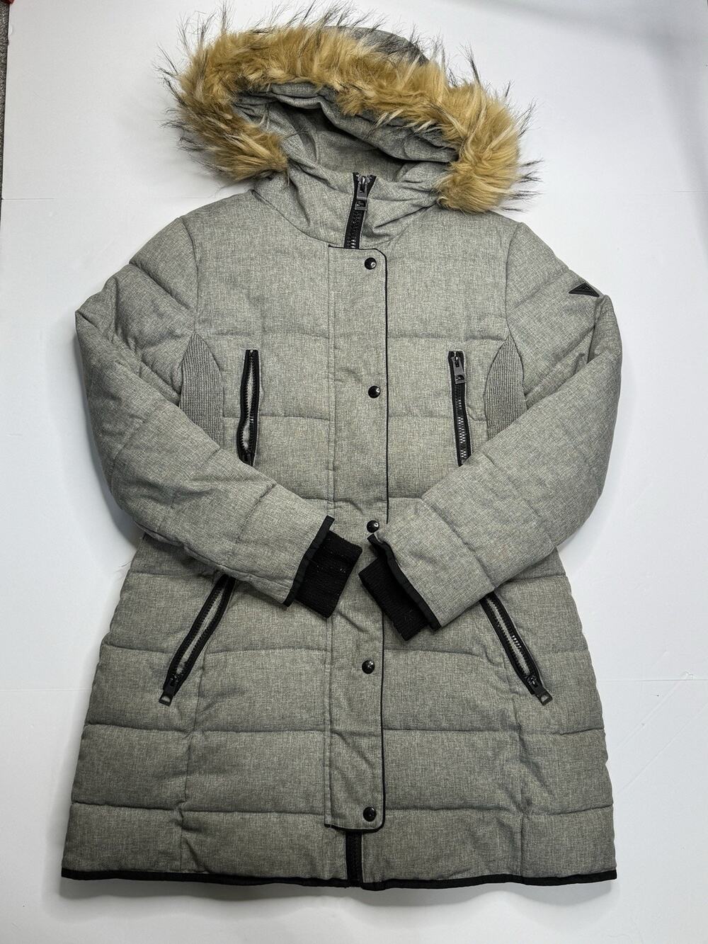 GUESS Womens Large Gray Long Puffer Coat Faux Fur Hood Sherpa Lined Winter
